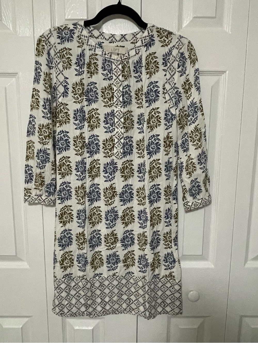 LOFT White Dress with Blue and Olive Floral Print